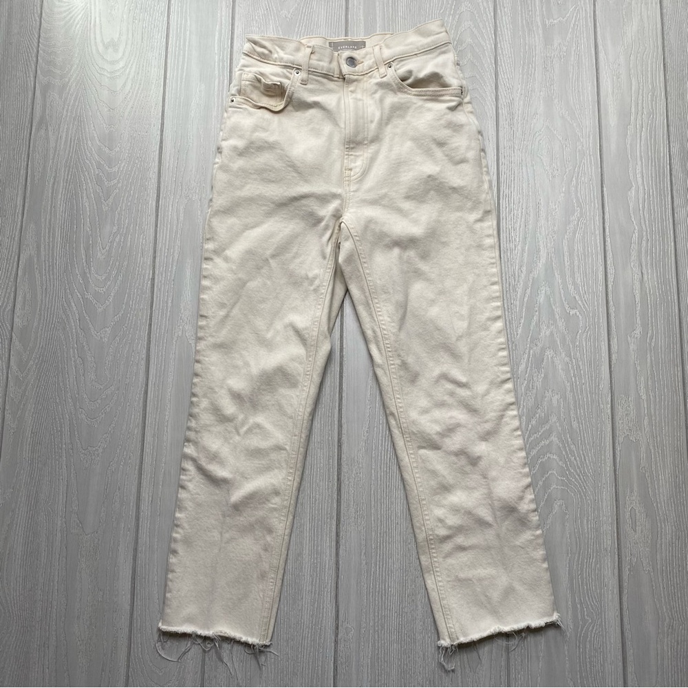 EVERLANE WOMEN'S THE ORIGINAL CHEEKY JEAN IVORY WHITE DISTRESSED DENIM SIZE 26